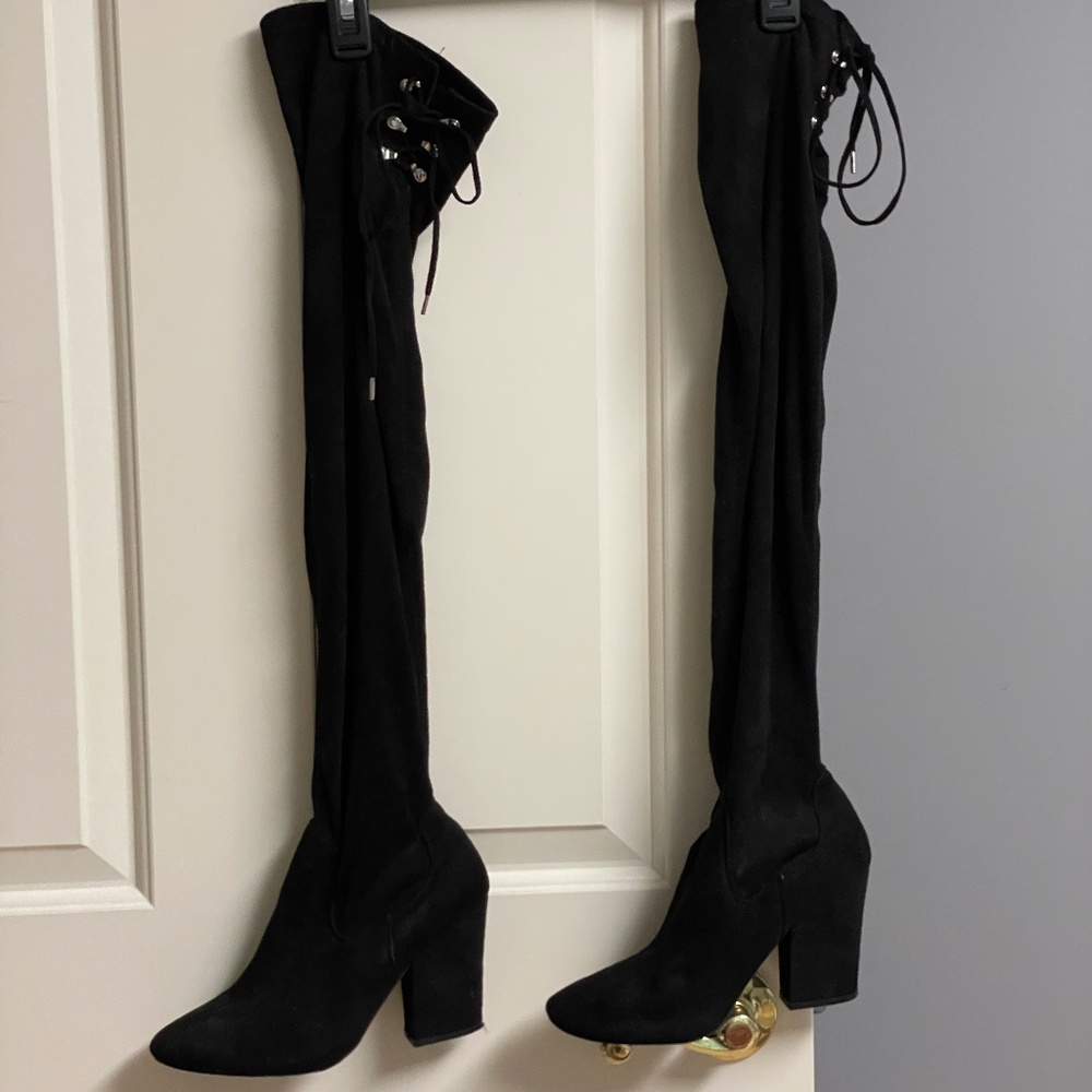 Qupid Faux Suede Over the Knee Boots, Lace Up, Women, 7.5, Round Toe, Bl…